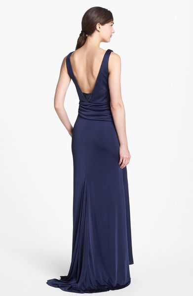 Ml Monique Lhuillier Embellished Draped Satin Gown in Blue (Midnight ...