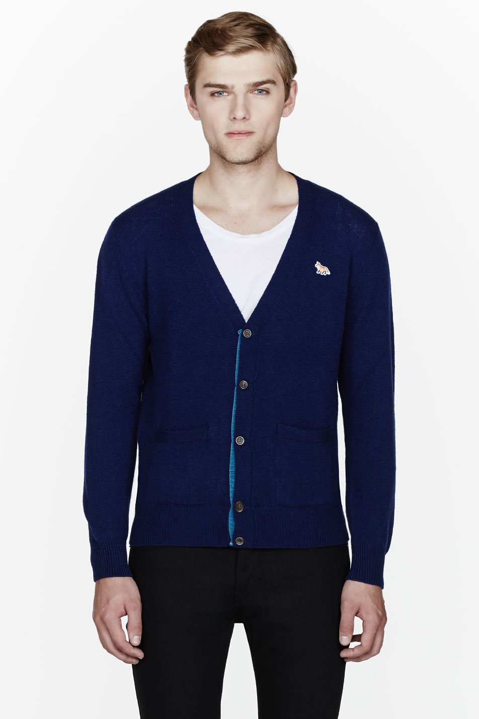 Lyst - Maison kitsuné Indigo Fox Logo Classic Solid Cardigan in Blue ...