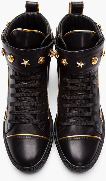 Versace Black Gold_trimmed Leather Buckled High_top Sneakers in Black ...