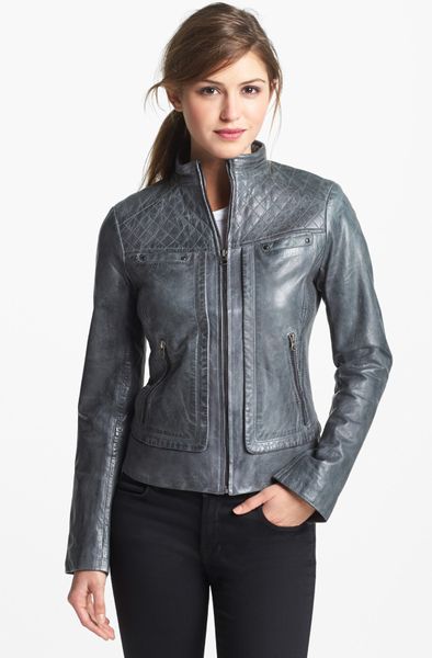 Bernardo Quilt Trim Leather Scuba Jacket in Gray (Grey) | Lyst