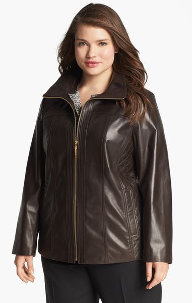 Ellen Tracy Quilted Trim Leather Jacket in Brown | Lyst
