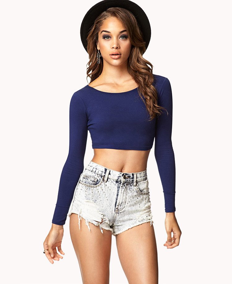Lyst - Forever 21 Long Sleeve Crop Top in Blue