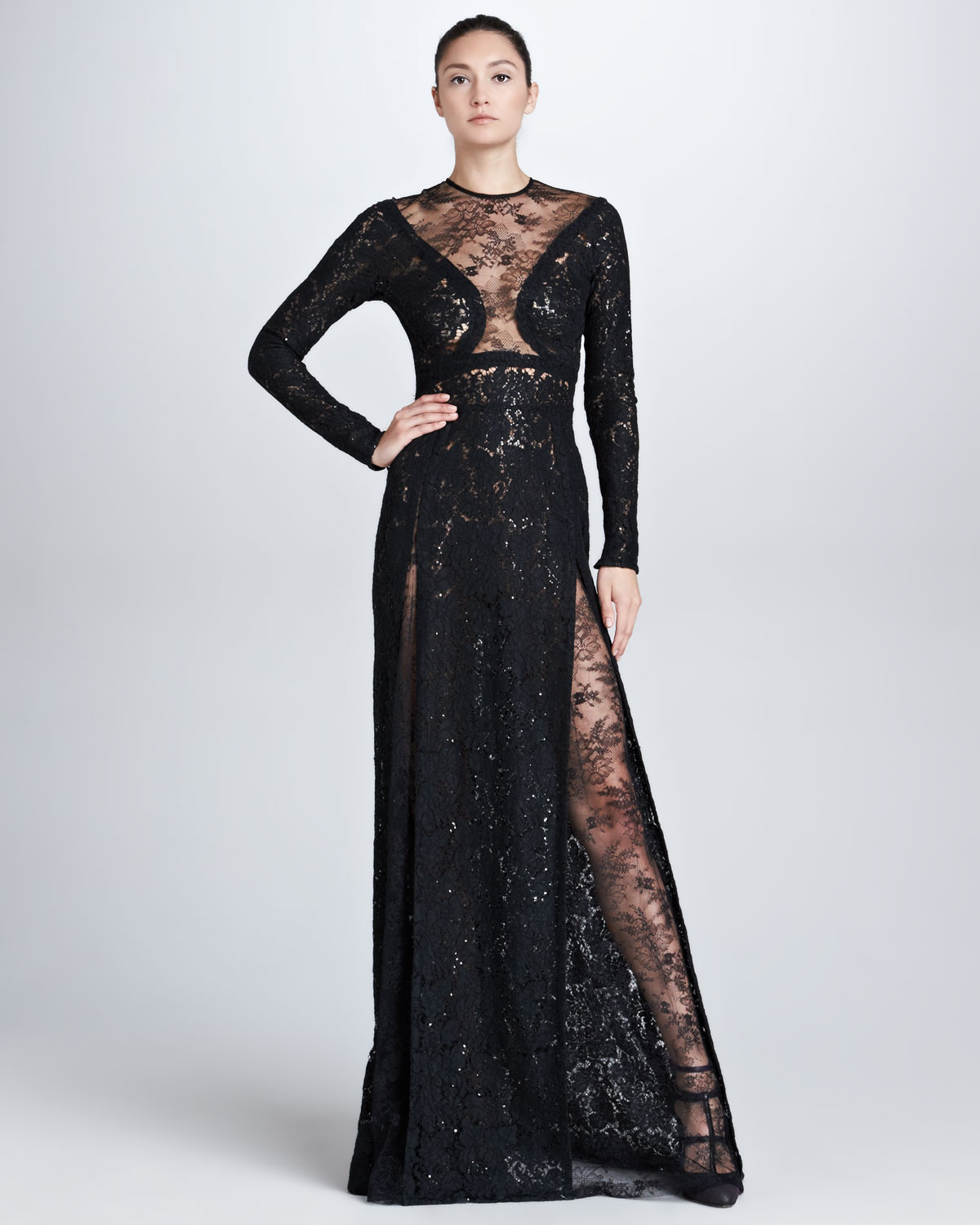 Lyst - Elie Saab Long Sleeve Lace Gown in Black