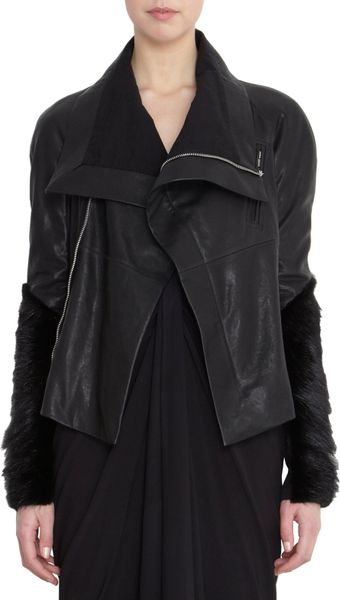 Rick Owens Fur Cuff Biker Jacket in Black | Lyst