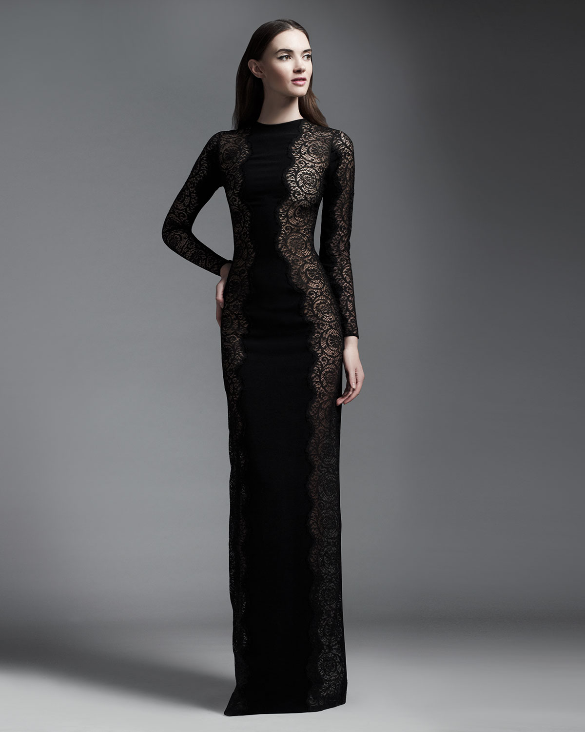 Lyst - Stella Mccartney Scallop Panel Lace Long Sleeve Gown Black in Black