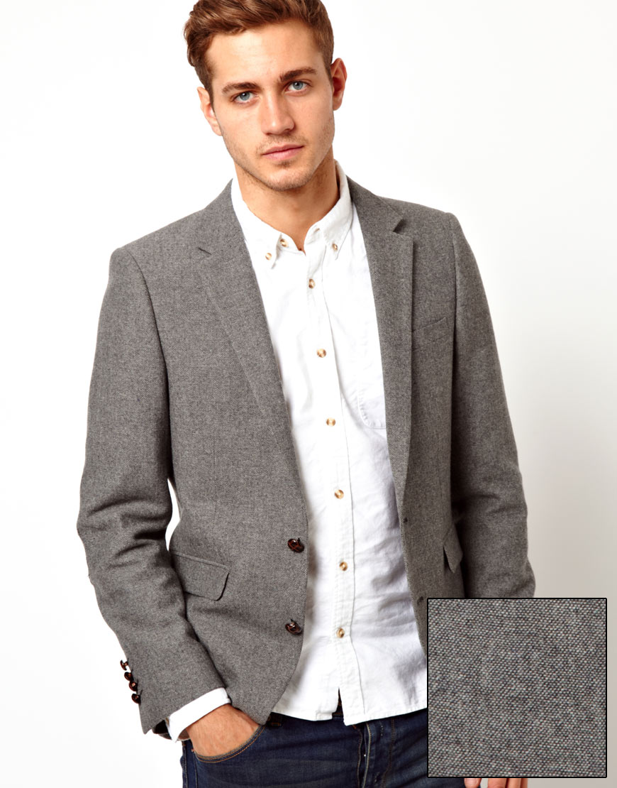 Asos Slim Fit Blazer In Tweed in Gray for Men | Lyst