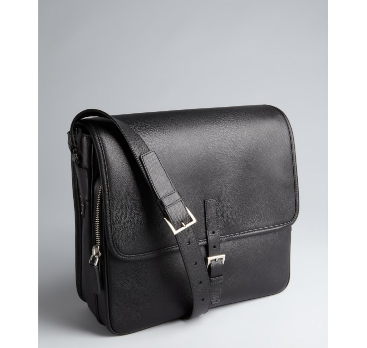 Prada Black Saffiano Leather Messenger Bag in Black for Men | Lyst