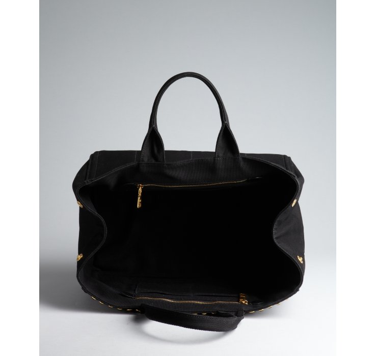 Prada Black Canvas Jeweled Trim Top Handle Bag in Black | Lyst