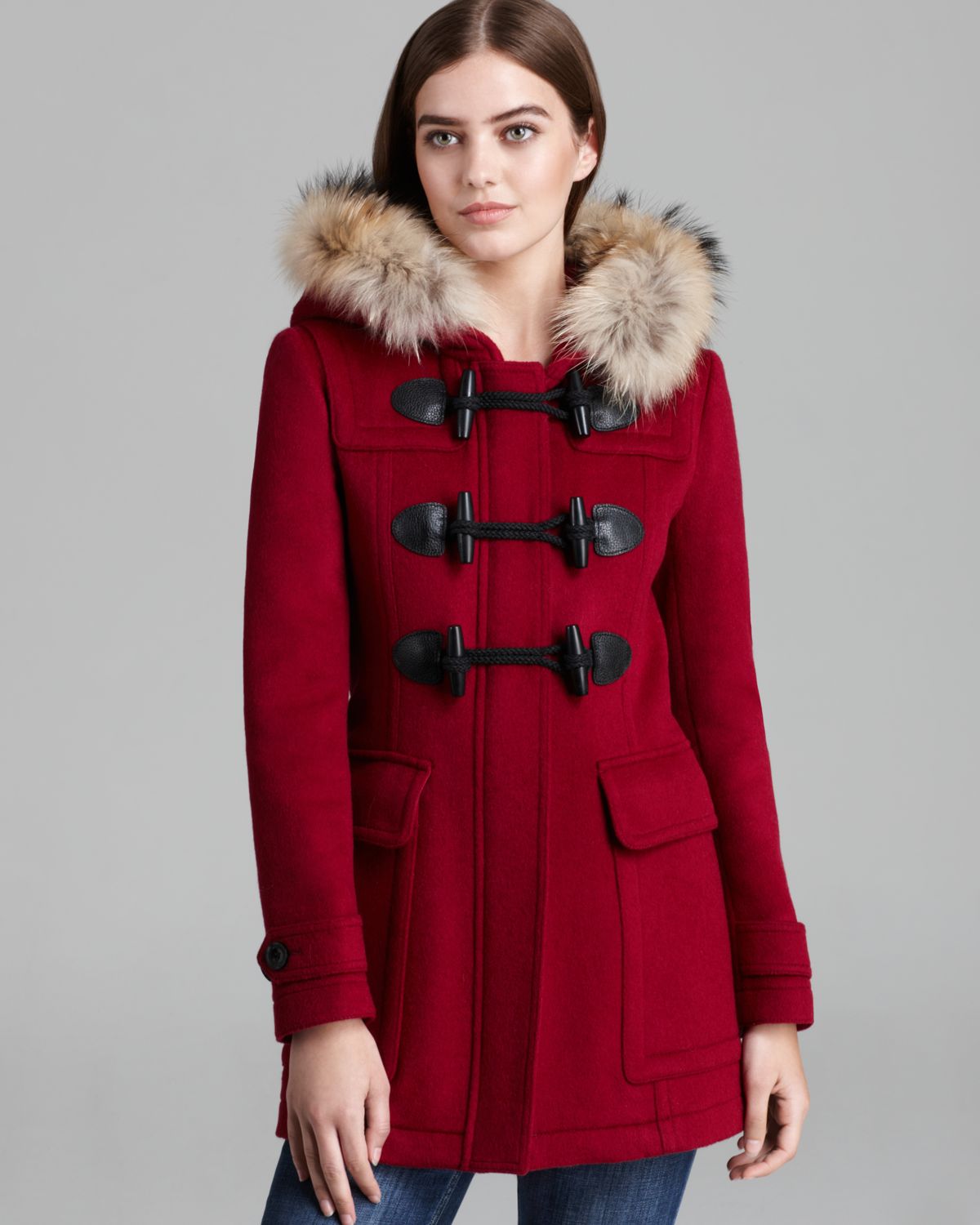 Burberry Brit Blackwell Wool Toggle Coat with Fur Trim in Red (Claret ...