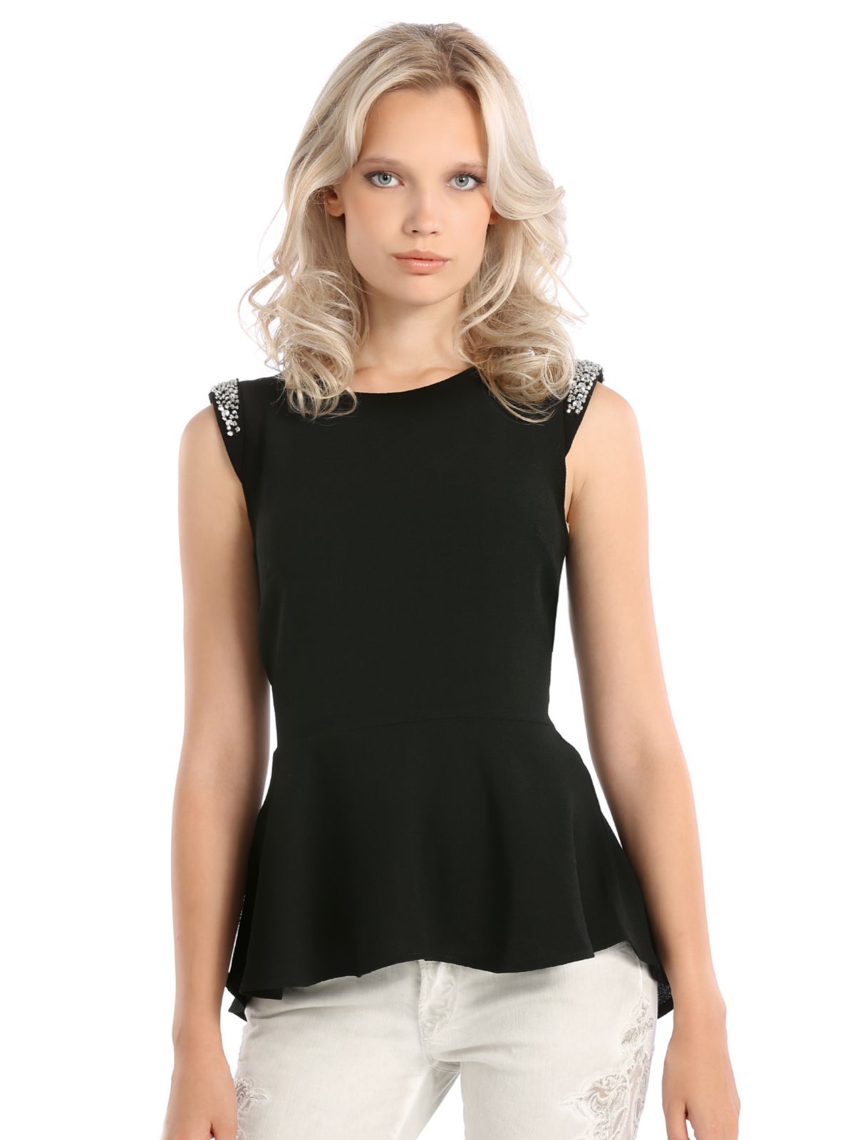 Guess Embellished Peplum Top in Black | Lyst