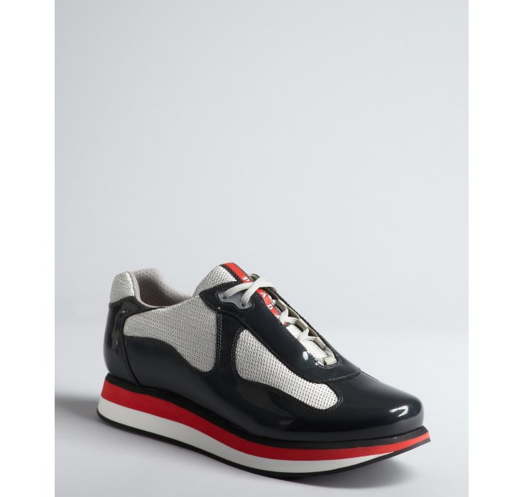 Prada Sport Cosmos and Silver Patent Leather Mesh Panel Sneakers in ...
