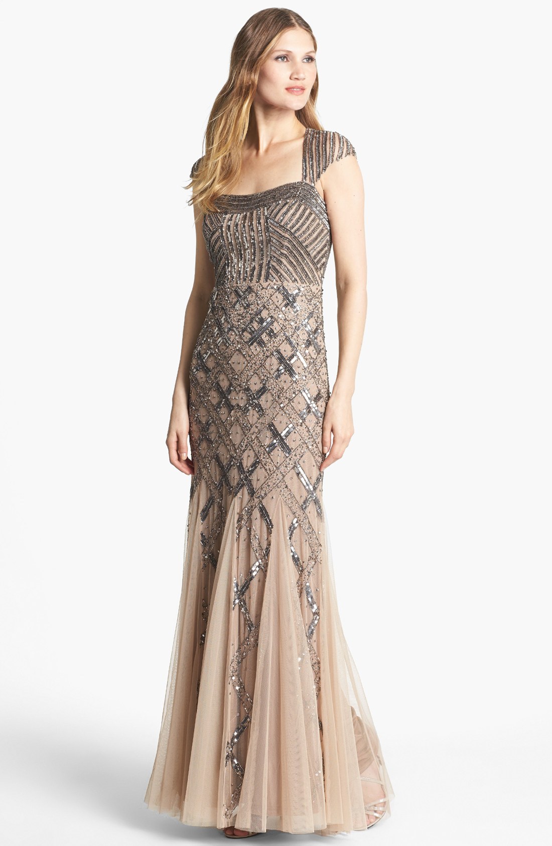 Adrianna Papell Embellished Mesh Mermaid Gown in Silver (Nude) | Lyst