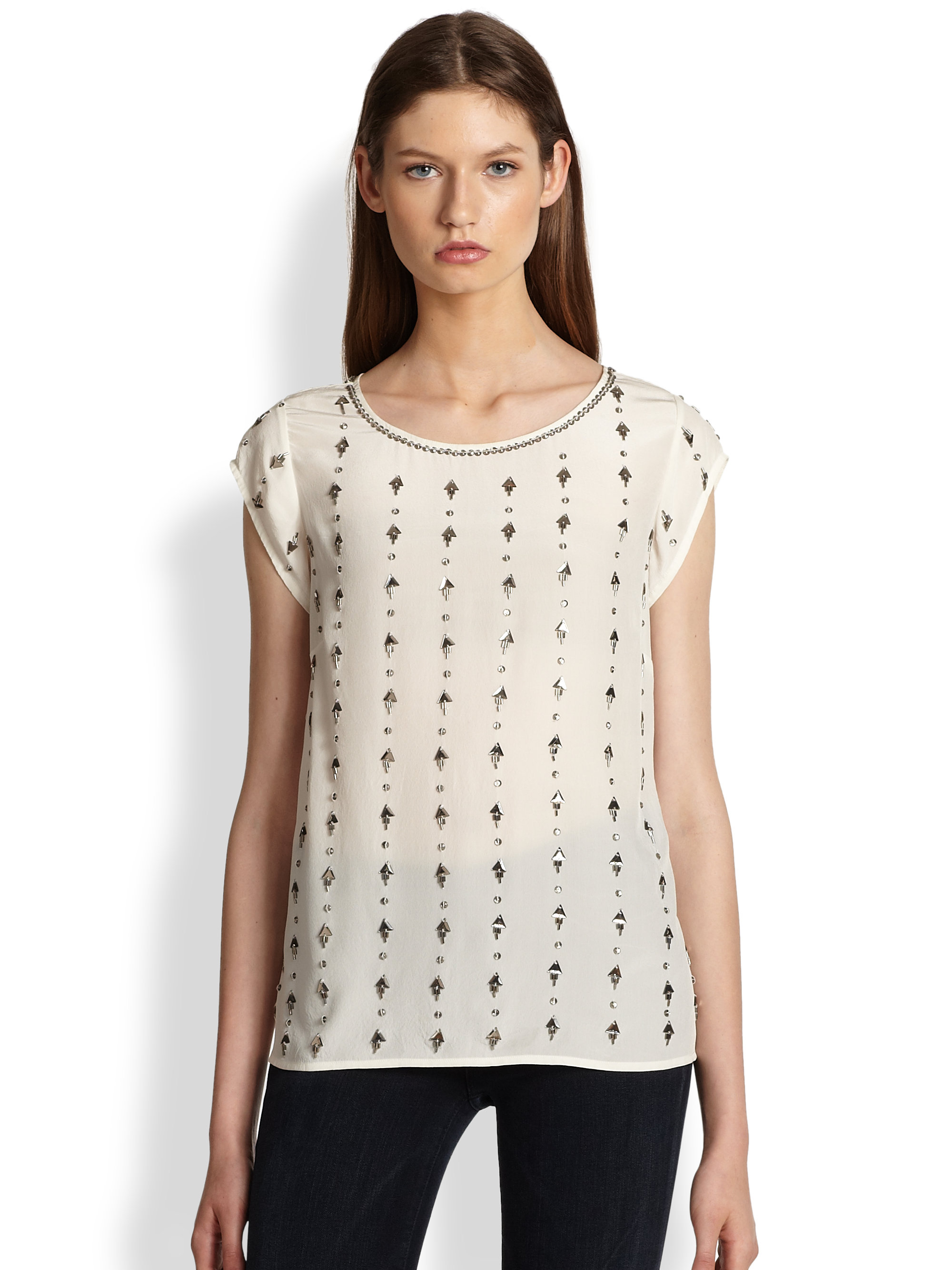 joie clarine embellished silk top in white porcelain lyst joie clarine embellished silk top in white porcelain lyst