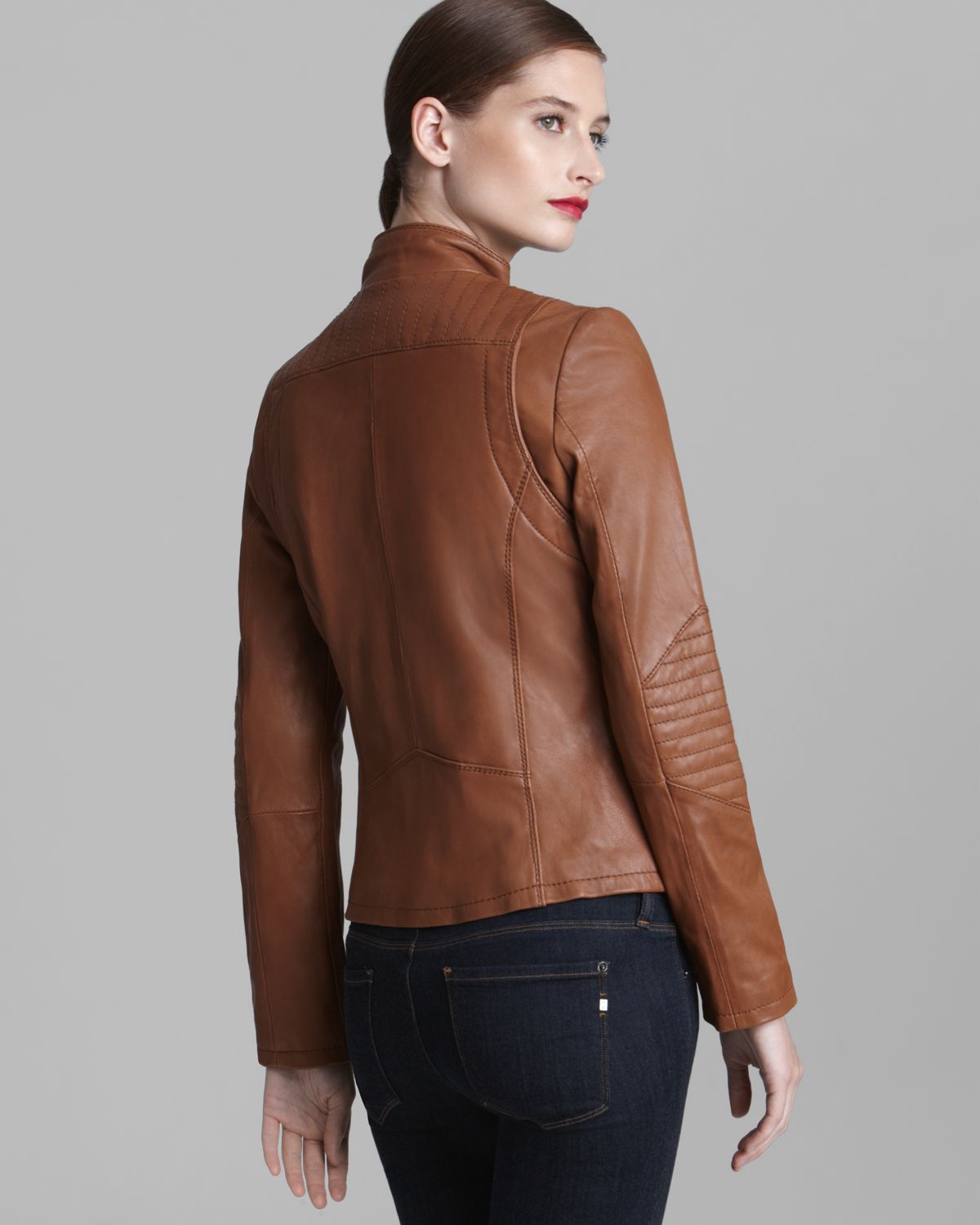 Lyst Kors By Michael Leather Jacket Moto With Pockets In Brown Gallery