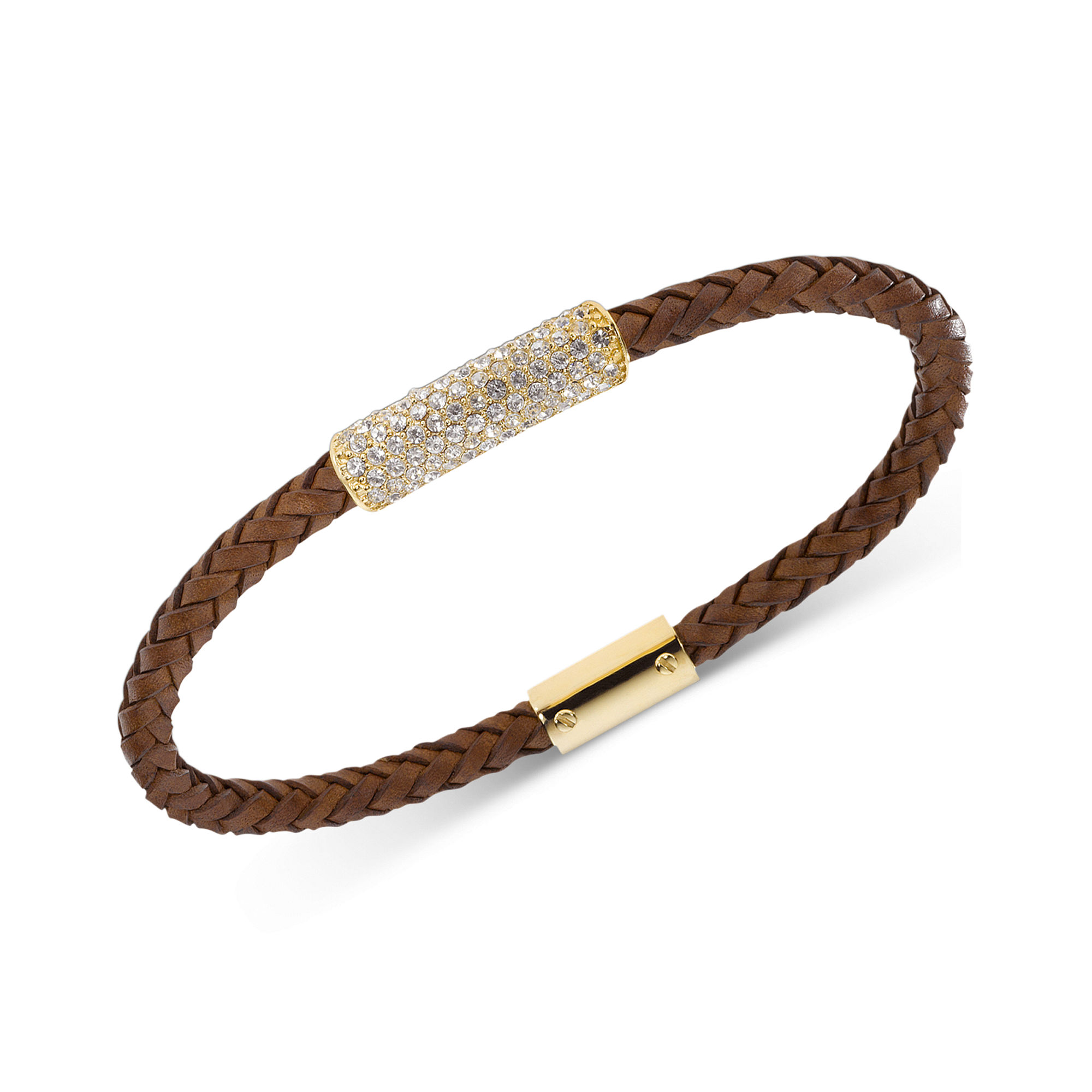 Lyst Michael Kors Goldtone Brown Braided Leather Crystal Pave Bar Gallery