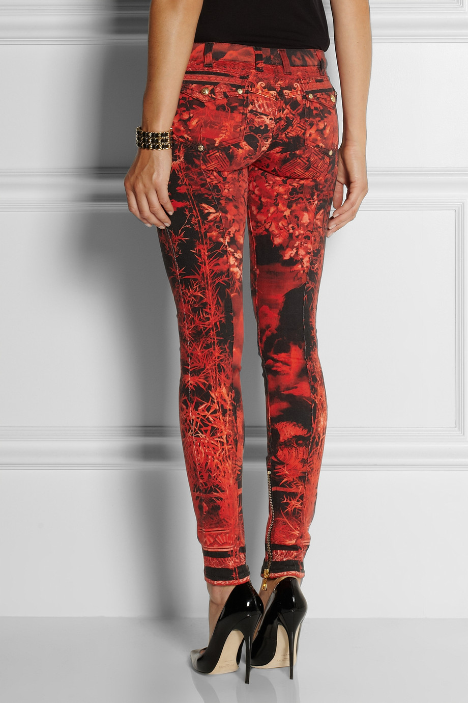 Balmain Printed CottonBlend Skinny MidRise Jeans in Red Lyst
