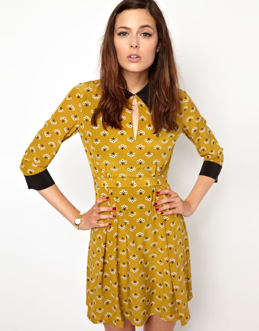 Lyst Orla Kiely Collar Detail Dress In Posey Print Silk Yellow Gallery
