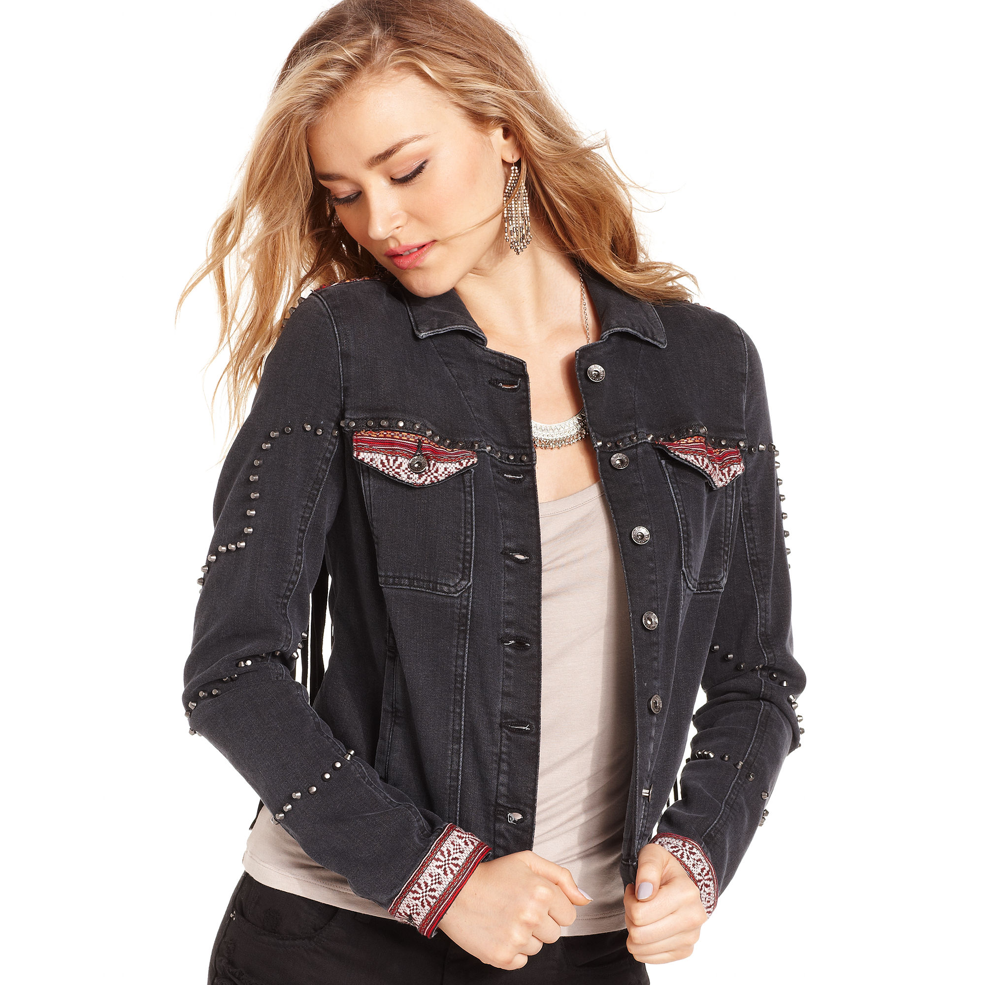 Guess Jacket Brittney Fauxleather Fringe Embroidered Studded Denim Gallery