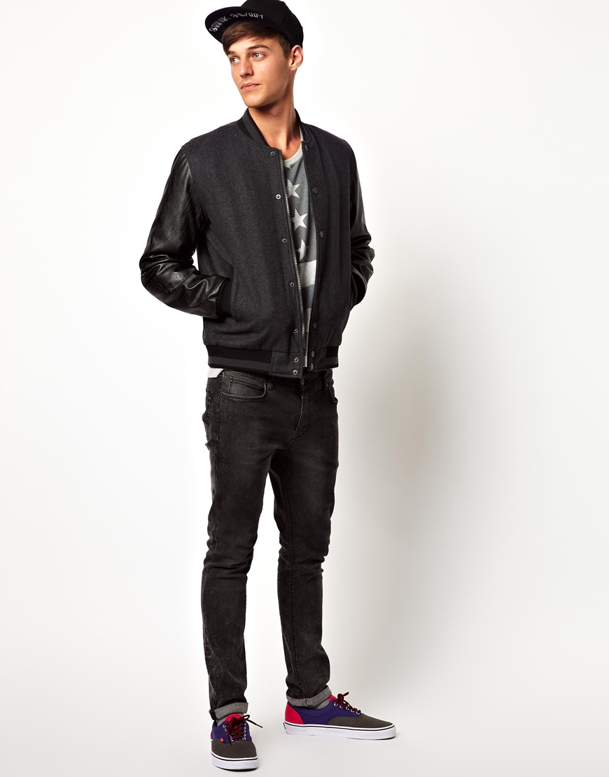 Nu Jeans Asos Wool Er Jacket With Faux Leather Sleeves In Gallery