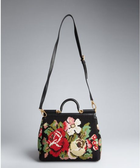 Dolce & Gabbana Black Leather and Floral Needlepoint Convertible Tote ...