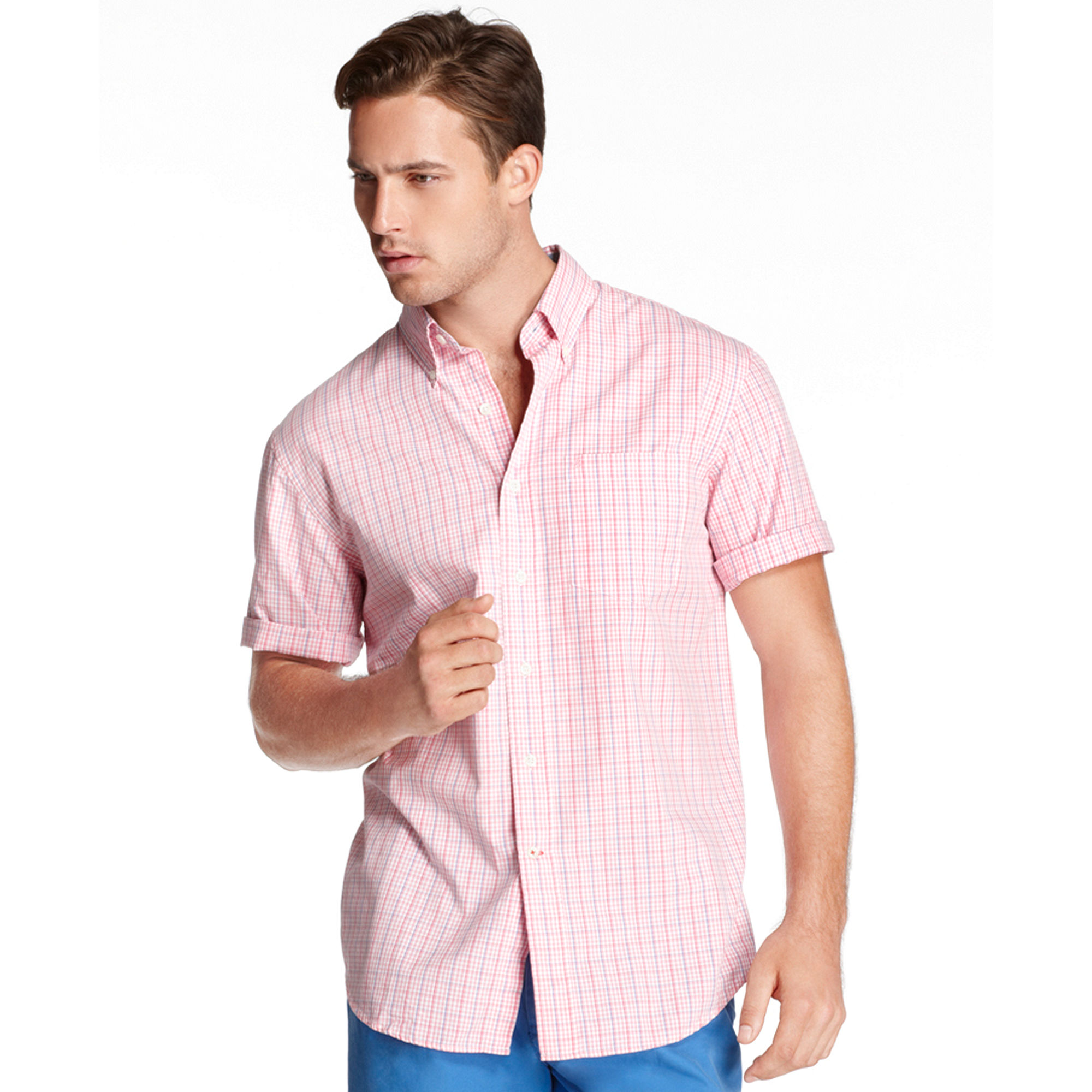 Izod Short Sleeve Saltwater Poplin Gingham Shirt in Pink for Men | Lyst