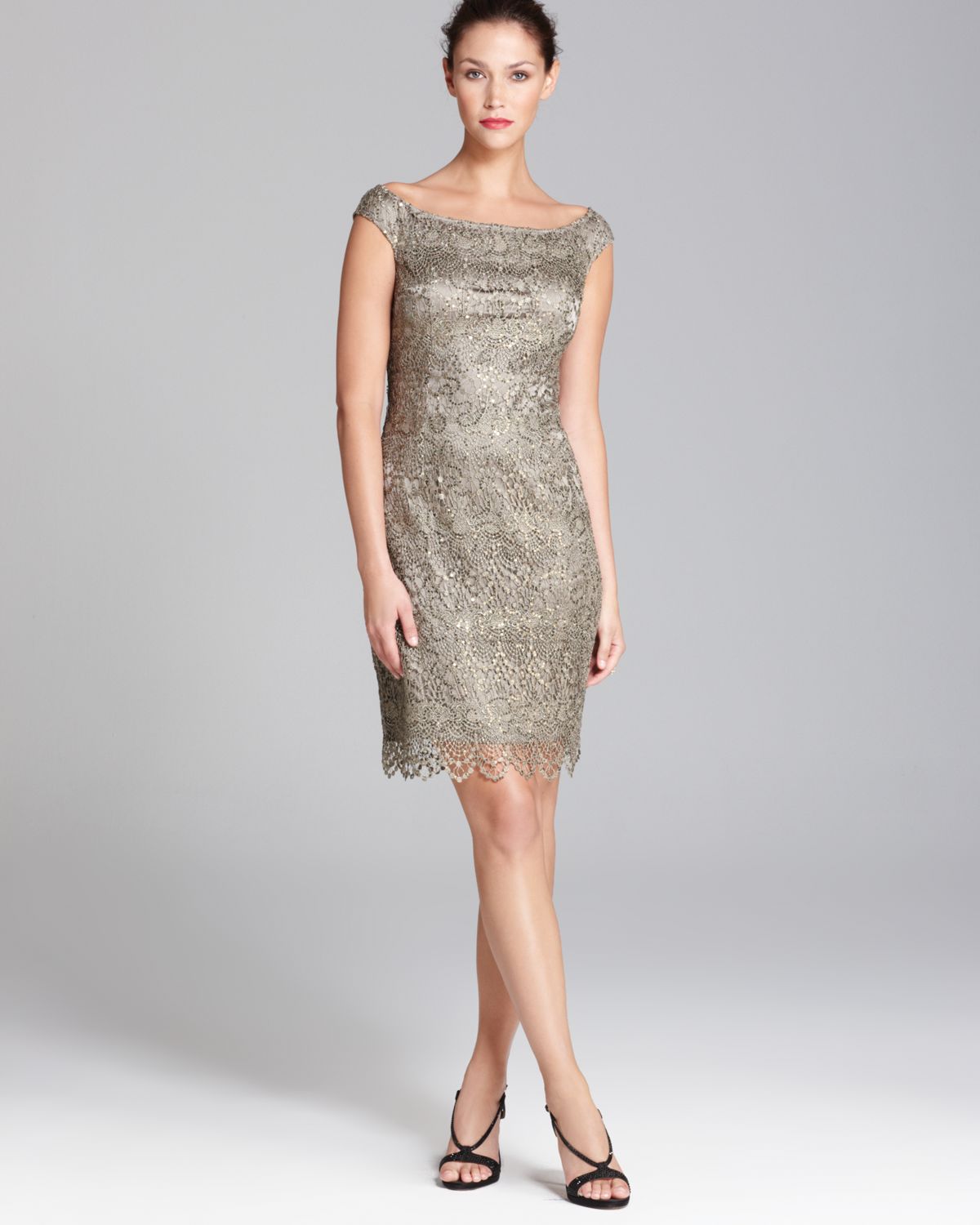 Lyst - Kay Unger Sequin Lace Dress Boat Neck in Gray