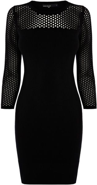 Karen Millen Mesh Open Stitch Knit Dress in Black | Lyst