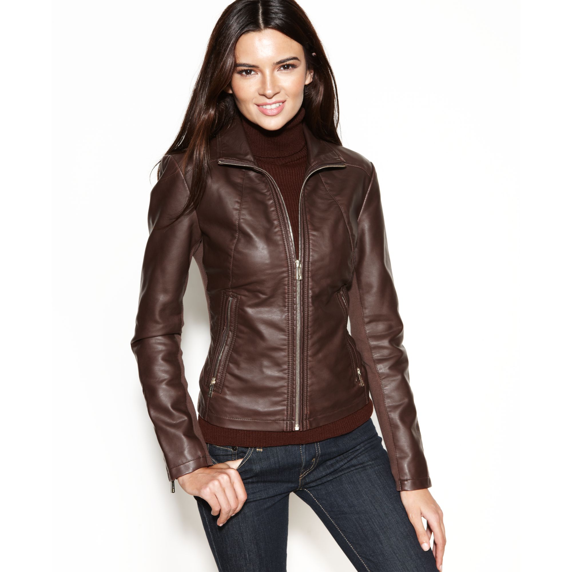 Lyst Kenneth Cole Reaction Faux Leather Zippered Cuff Jacket In Brown Gallery
