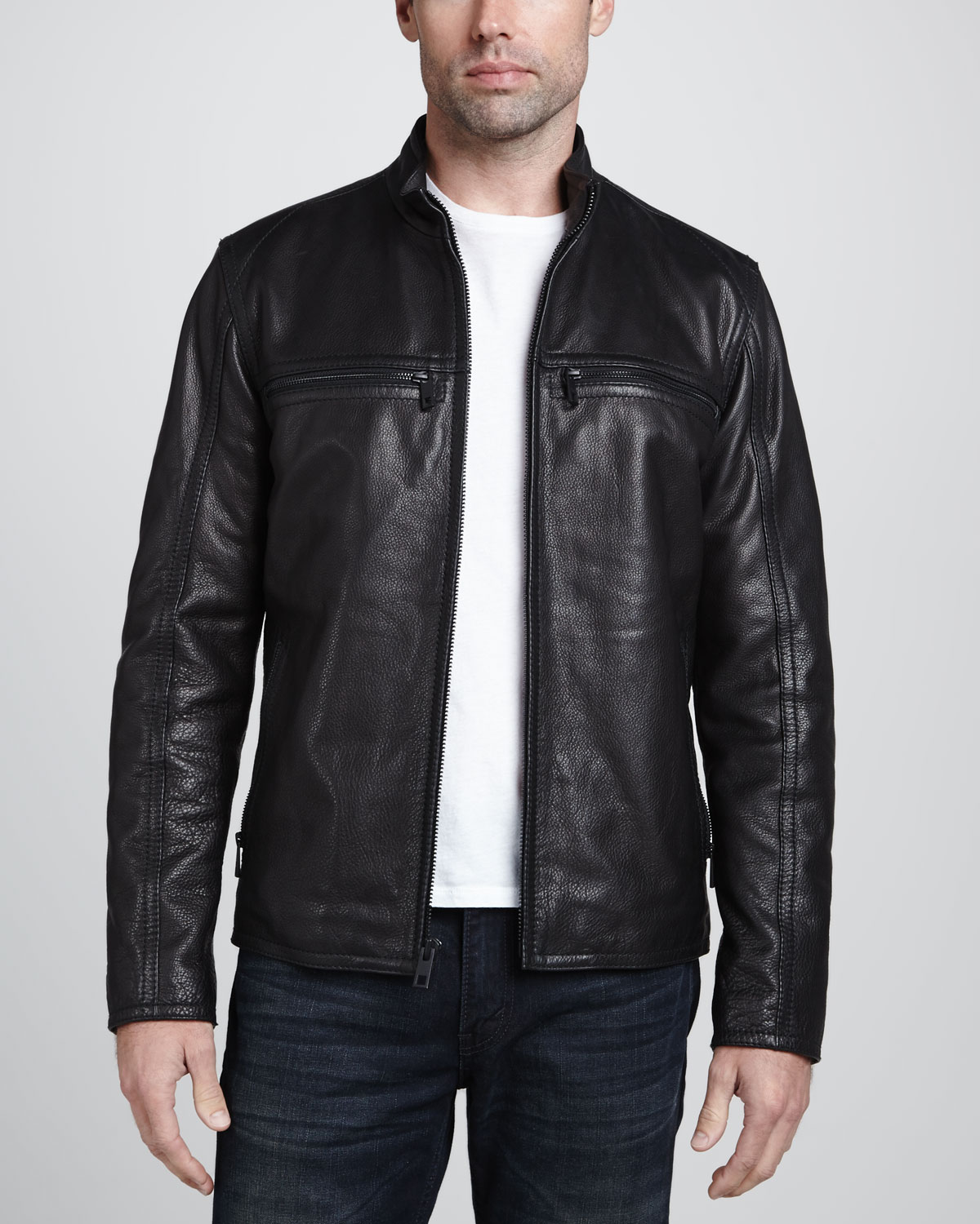 Andrew Marc Galaxy Leather Zipfront Moto Jacket Black in Black for Men ...
