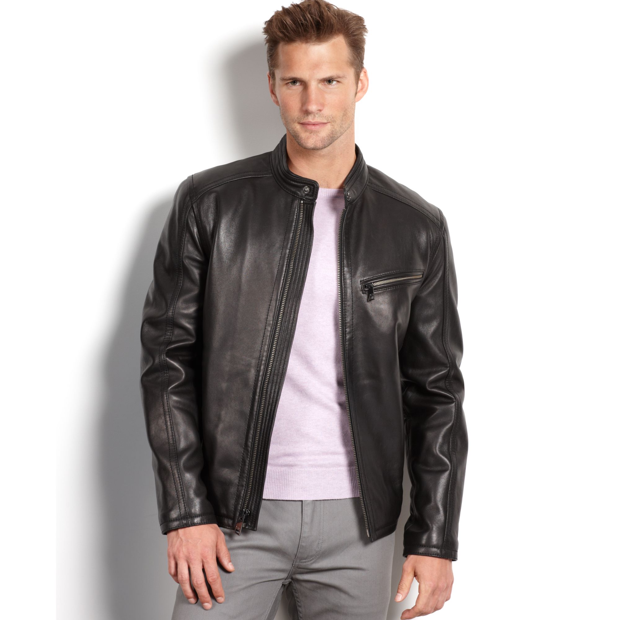 Lyst Marc New York Sutton Smooth Lamb Leather Moto Jacket In Black Gallery Previously Sold At Macy S Men Baseball Jackets
