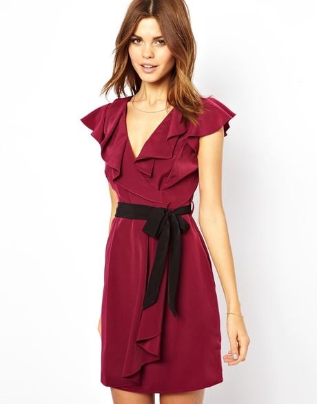 Asos Ruffle Front Wrap Dress in Purple (Berry)