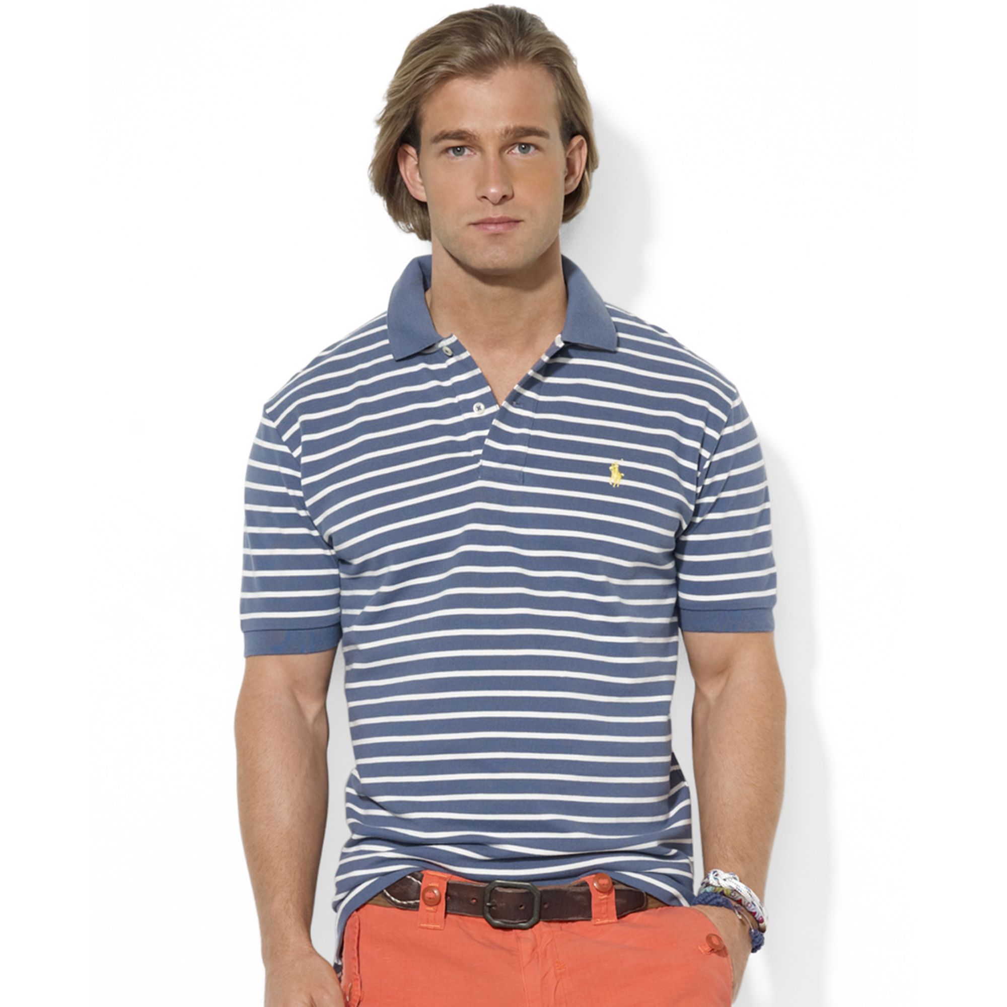 Ralph Lauren Customfit Shortsleeved Striped Mesh Polo Shirt in Blue for ...
