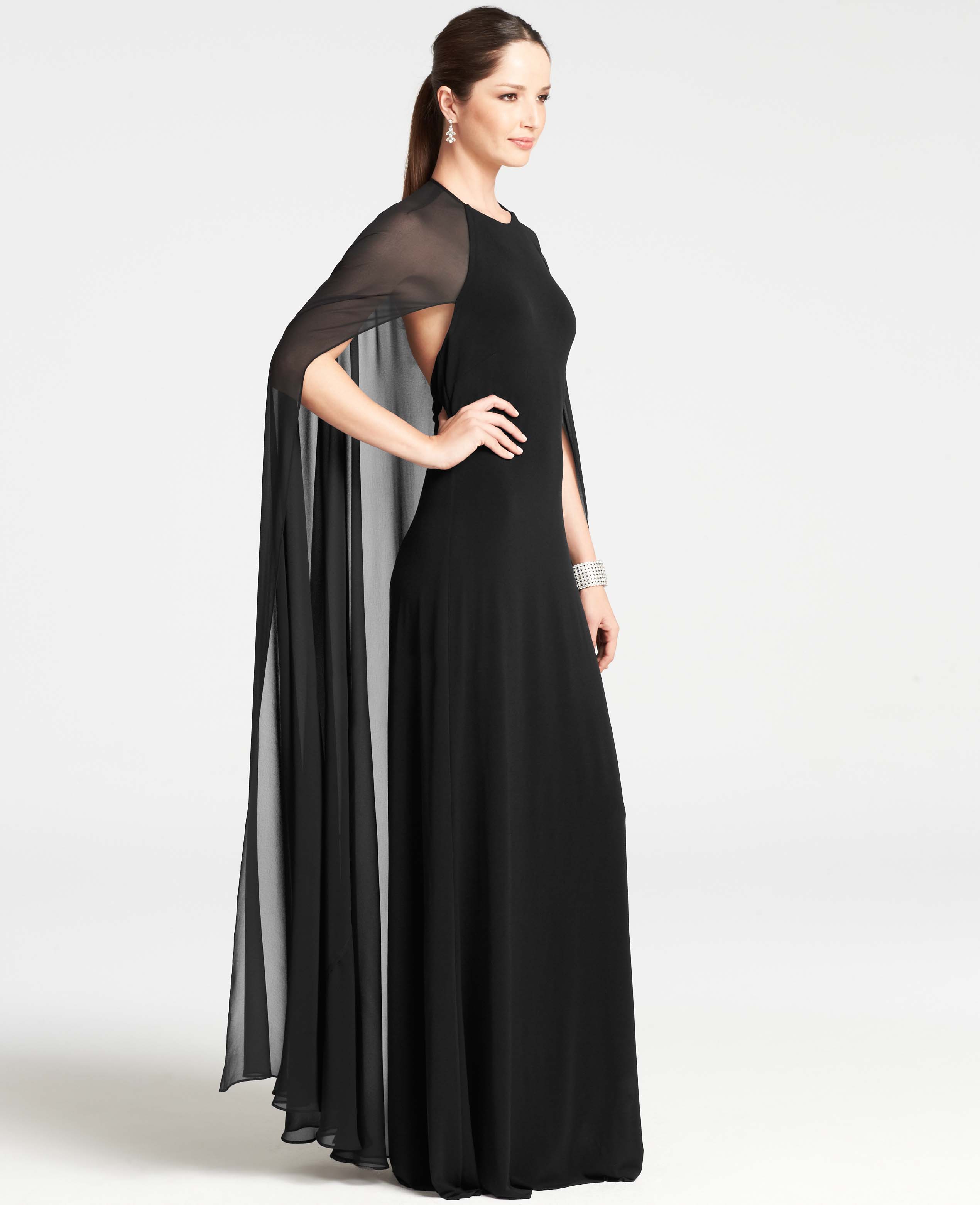 Ann taylor Satin Jersey Capelet Gown in Black | Lyst