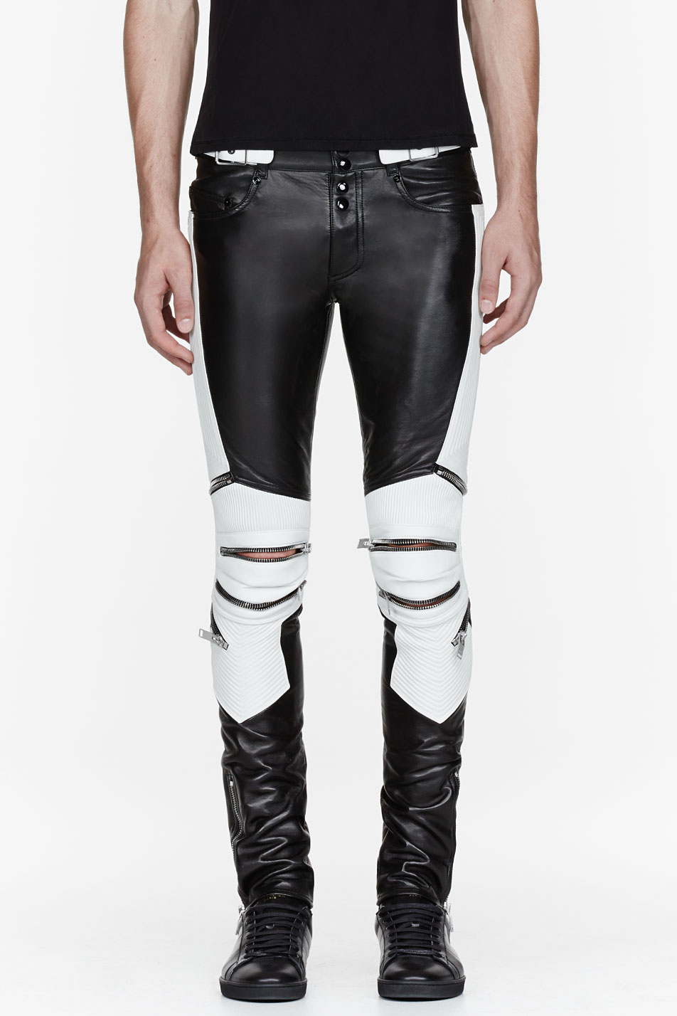 Lyst - Saint Laurent Black and White Ribbed Zipped Biker Pants in Black ...