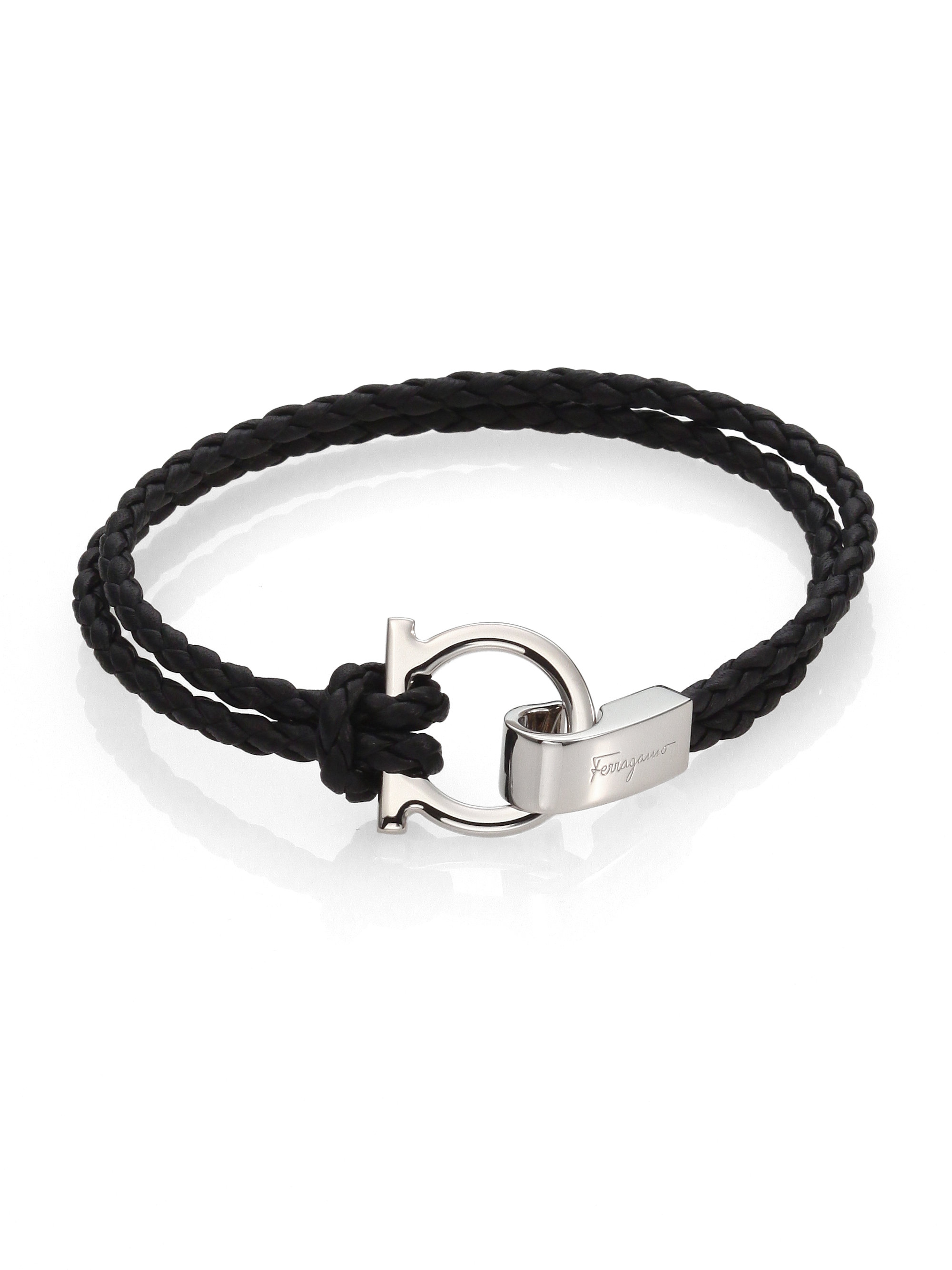 Ferragamo Braided Leather Gancini Bracelet in Silver for Men (BLACK) | Lyst