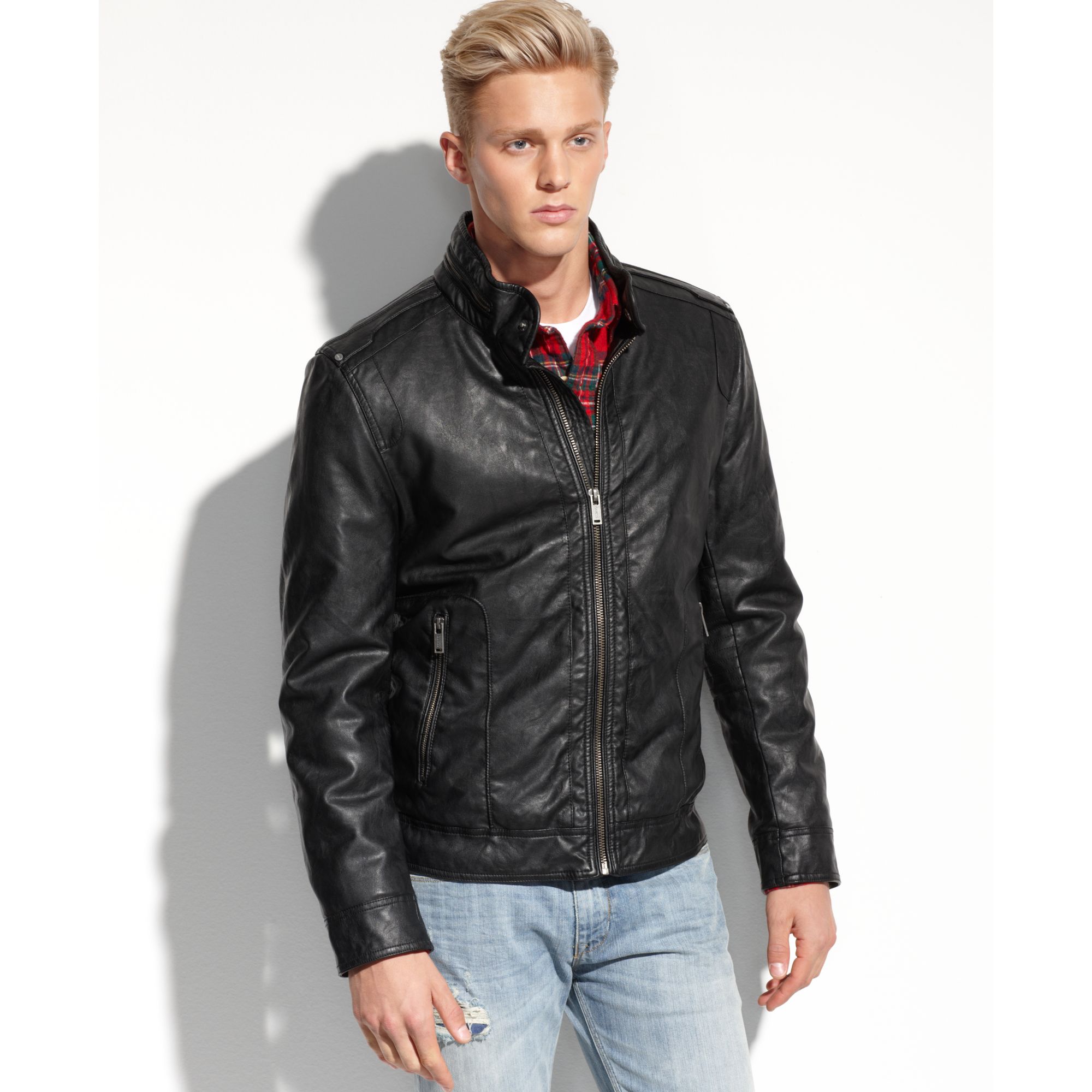 Guess Coats Light Weight Faux Leather Moto Jacket in Black for Men | Lyst