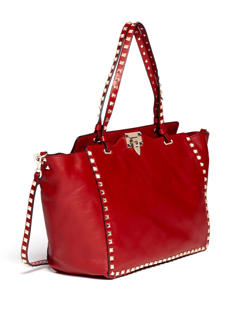 Lyst - Valentino Rockstud Medium Leather Tote in Red