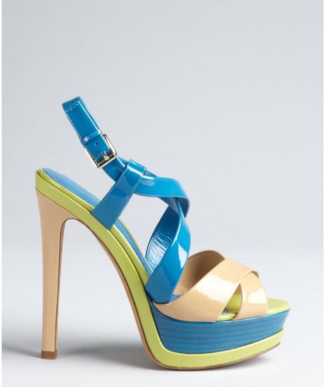 Dior Bright Blue and Neon Green Patent Leather Peep Toe Platform ...