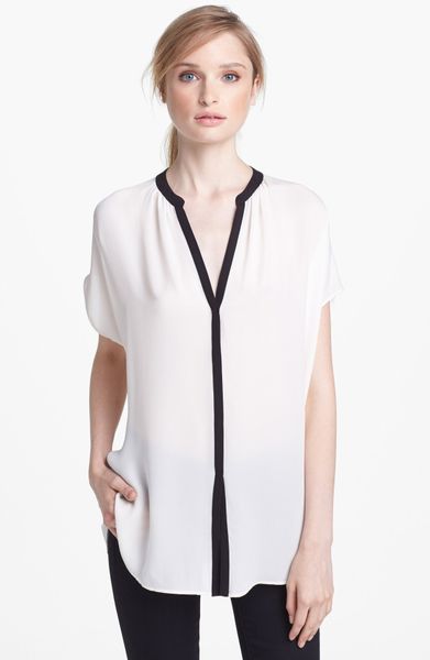 Vince Contrast Placket Silk Blouse in White (Ivory/ Black) - Lyst