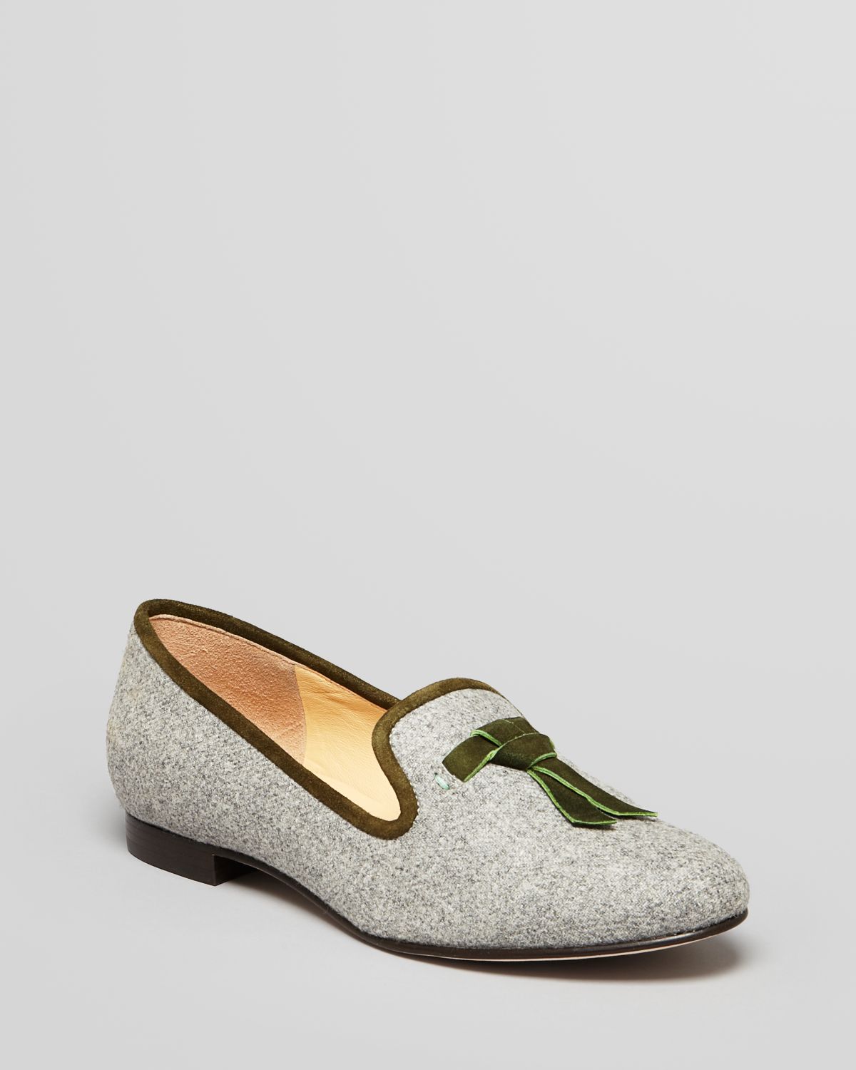 grey loafers with tassels