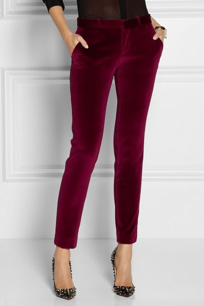 purple satin trousers