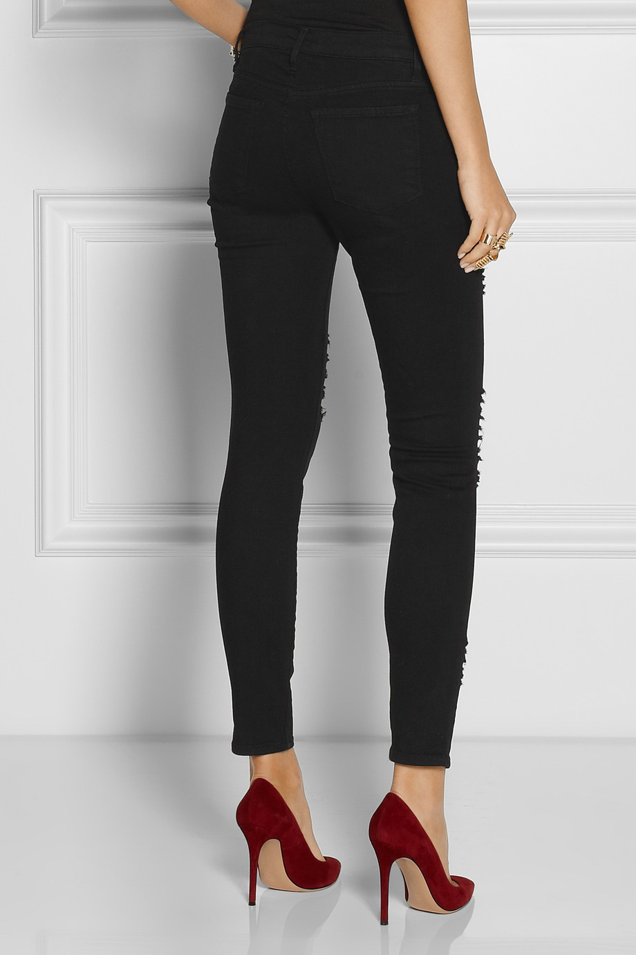 Frame Le Skinny De Jeanne Distressed Midrise Skinny Jeans in Black | Lyst