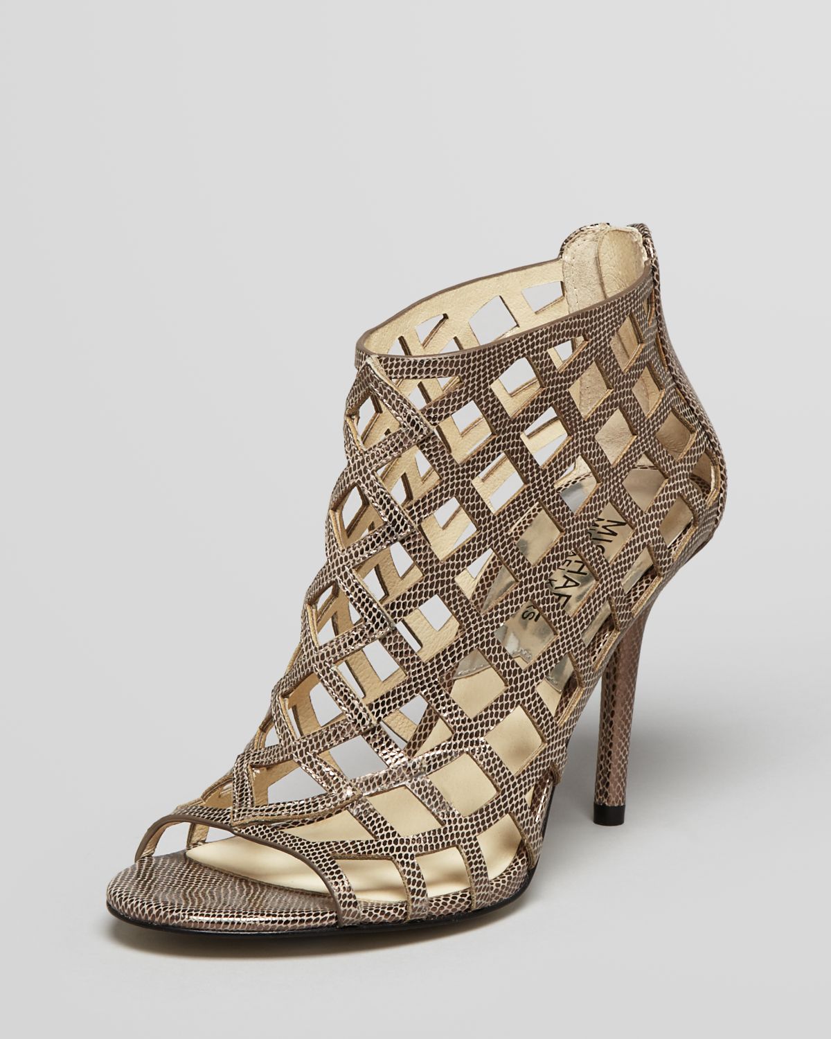 Michael Michael Kors Caged Open Toe Booties Aiden High Heel in Gold ...