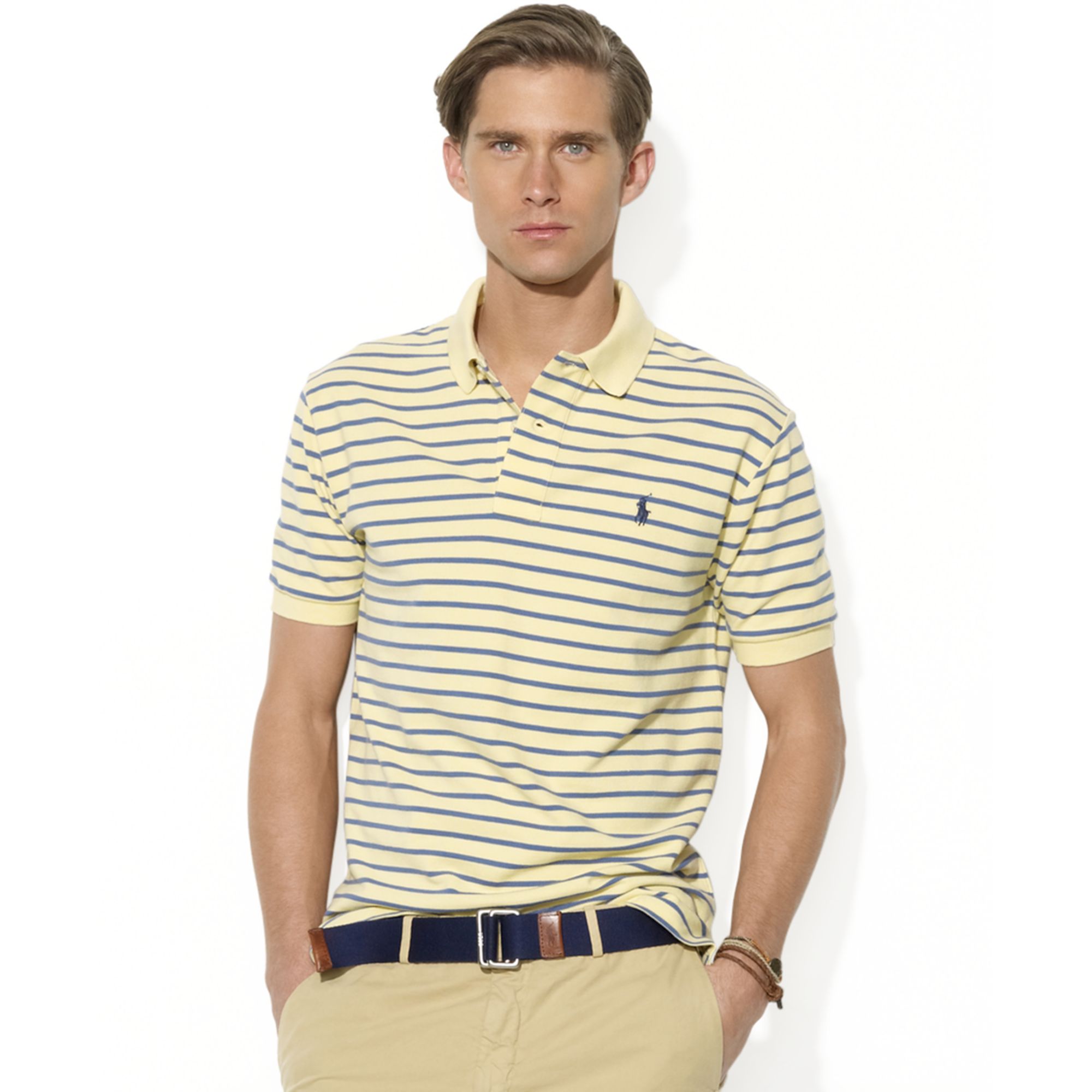 Ralph Lauren Customfit Shortsleeved Striped Mesh Polo Shirt in Yellow ...