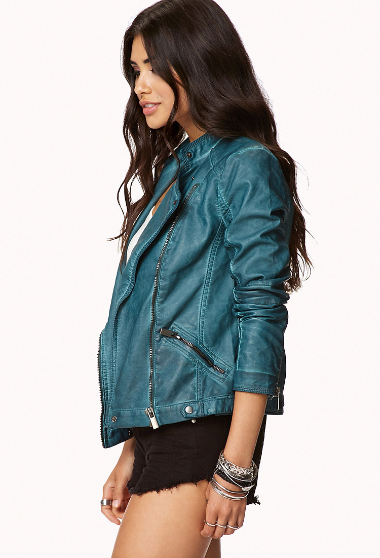 Lyst Forever 21 Faux Leather Moto Jacket in Blue