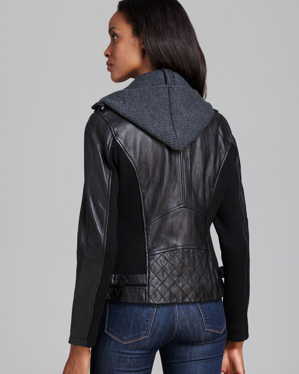 Dkny Leather Jacket Moto Knit Hood In Black Lyst Gallery