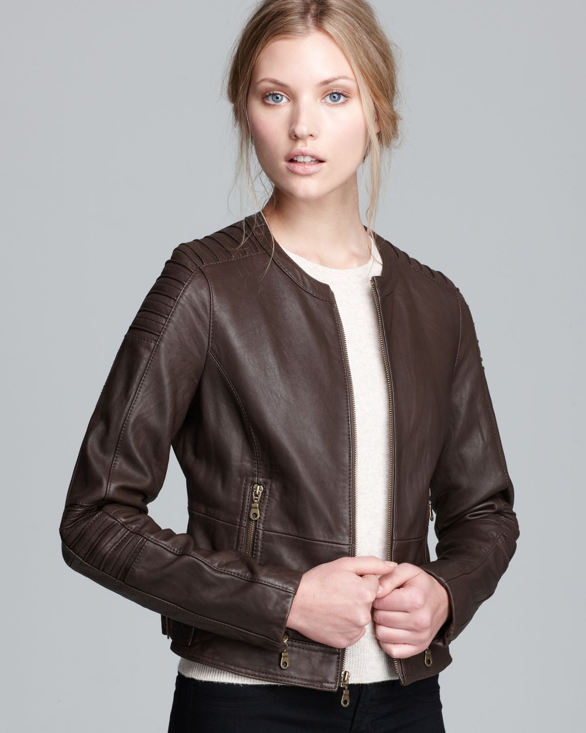 Lyst - Dkny Leather Jacket - Collarless Shoulder Seaming in Natural