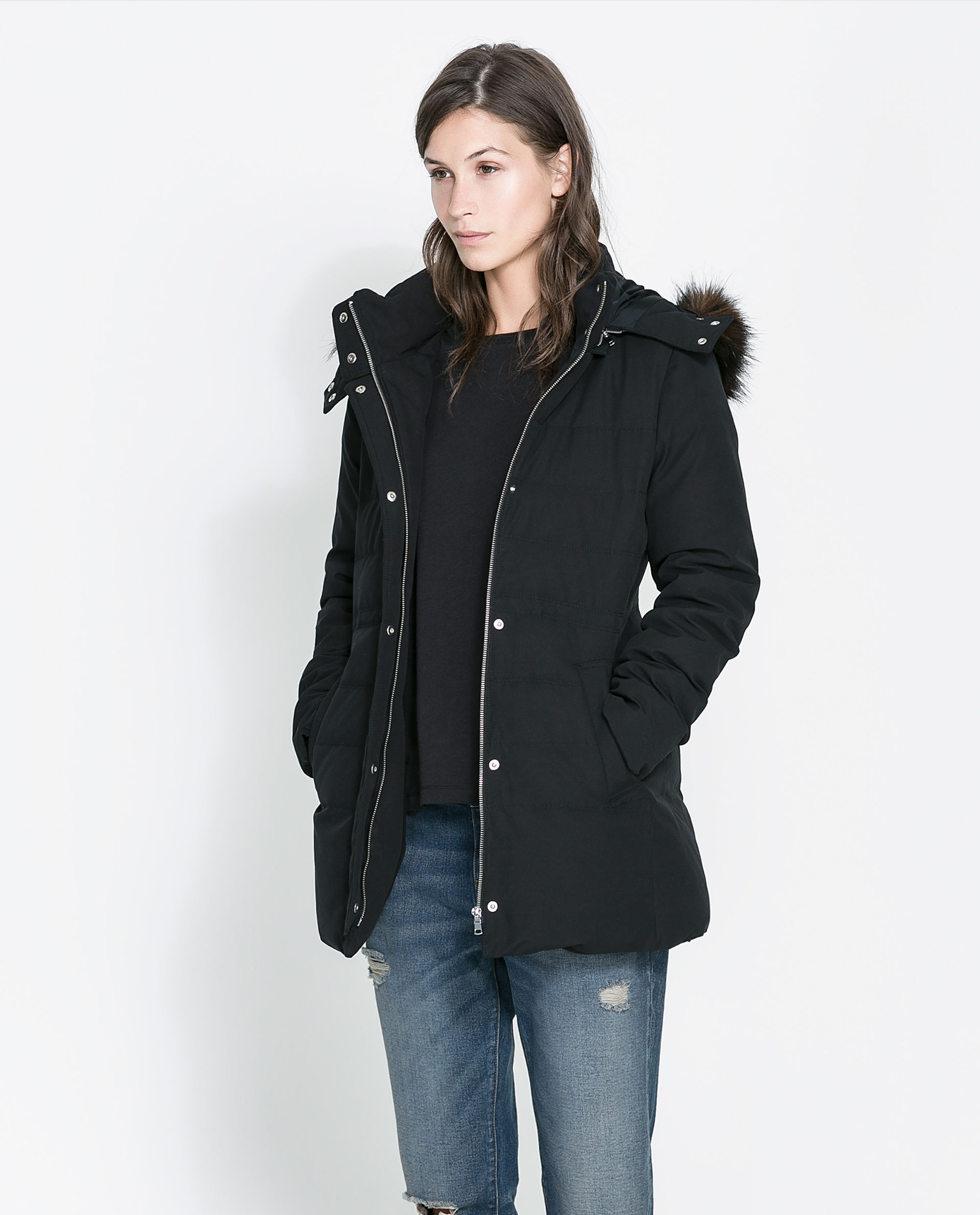 Zara Midlength Puffer Jacket with Fur Hood in Black | Lyst