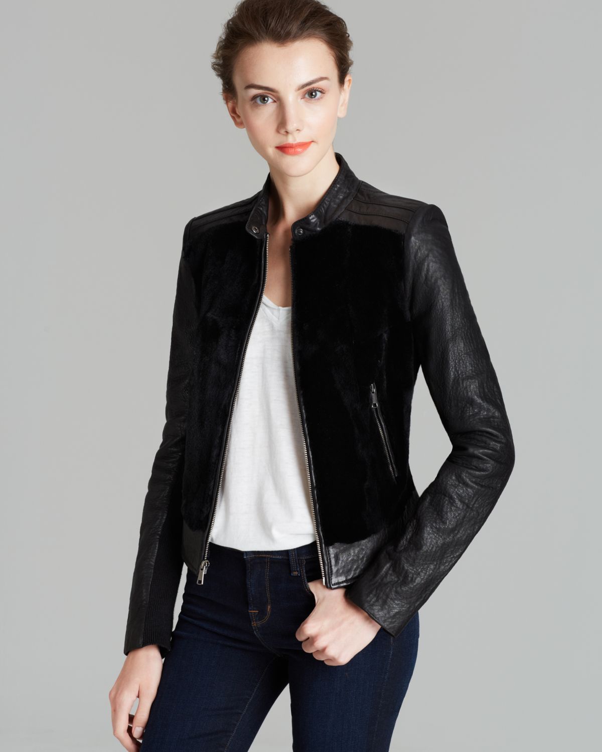Lyst - Andrew marc Leather Jacket Washed Shrunken Lamb with Rabbit Fur ...