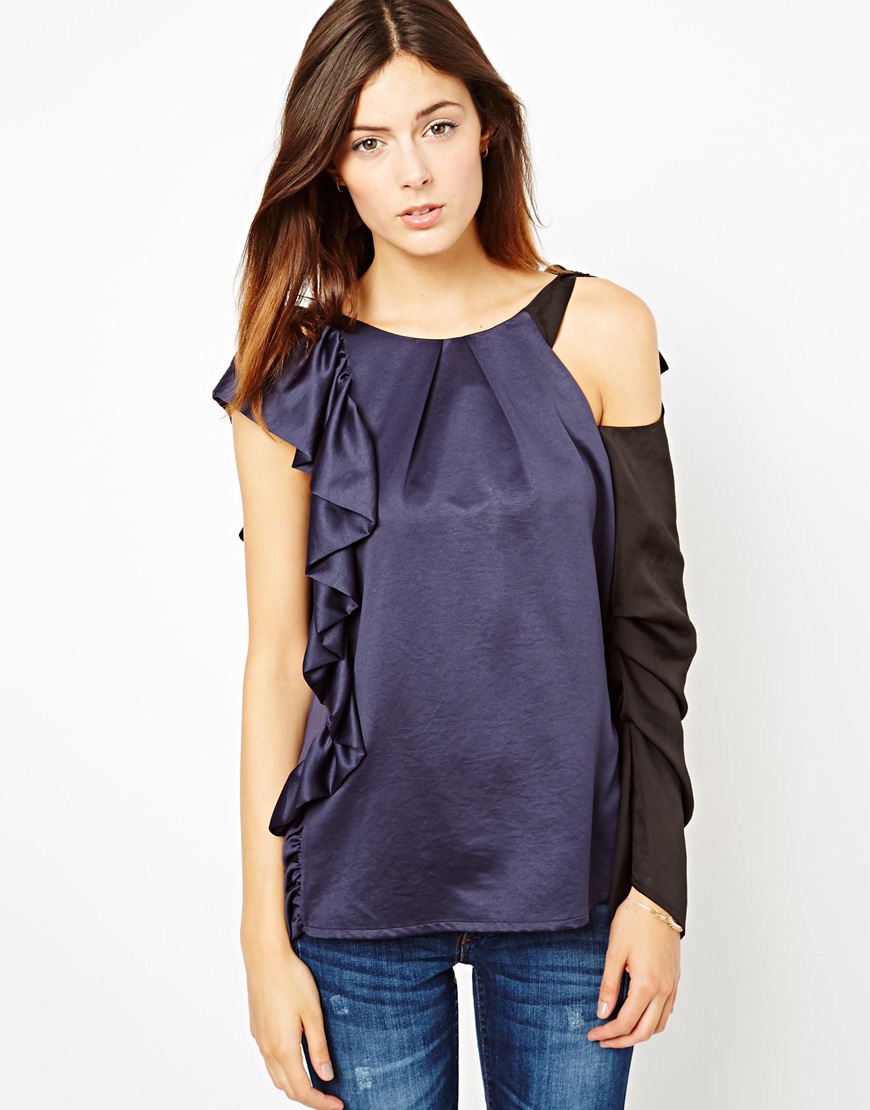 Lyst - Asos Premium Top with Asymmetric Cut Out Sleeve and Ruffles in Blue